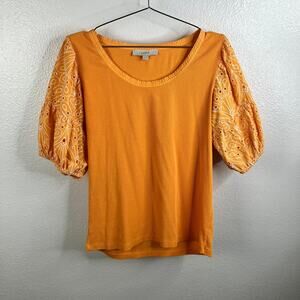 Loft Puff Sleeve Shirt Size XL Orange Mixed Media Western Boho Cottagecore